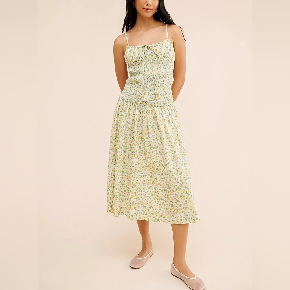 Free People Lavender Daze Floral Yellow Blue Green Midi Milkmaid Dress Large
